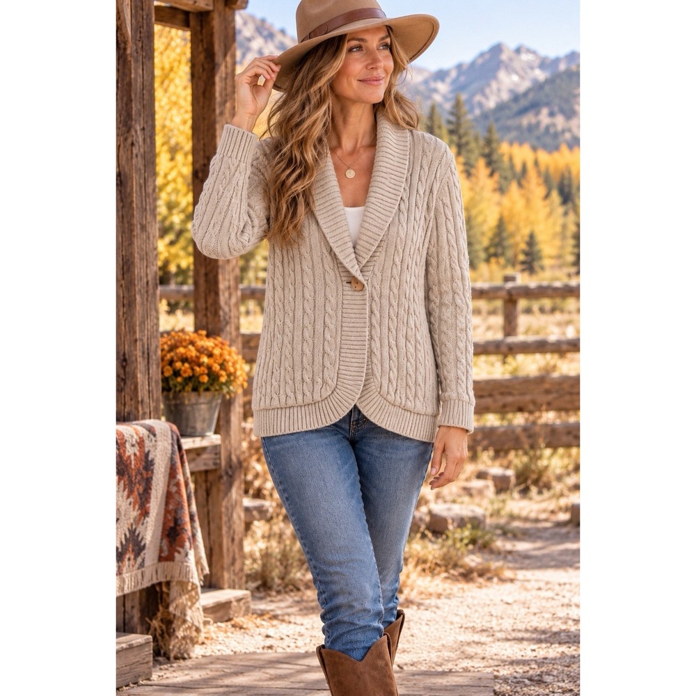 L.L. Bean Sweater Womens Large Beige Cable Knit Open Front Cardigan Cotton